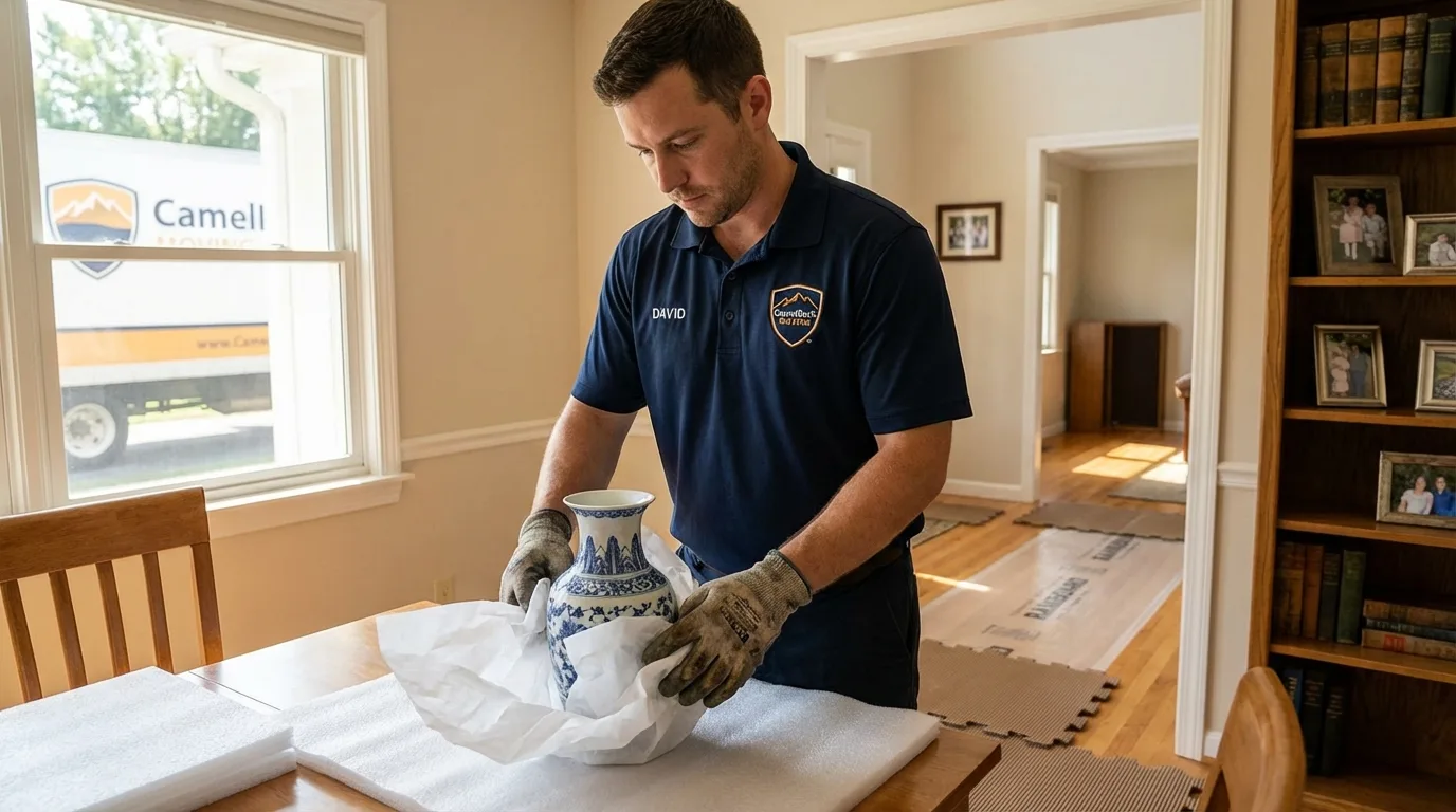 Professional crew carefully wrapping antique vase for senior downsizing move in Isle of Palms, SC